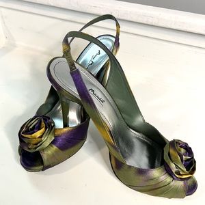 Anne Michelle green/purple/gold satin sling back heels Size 10